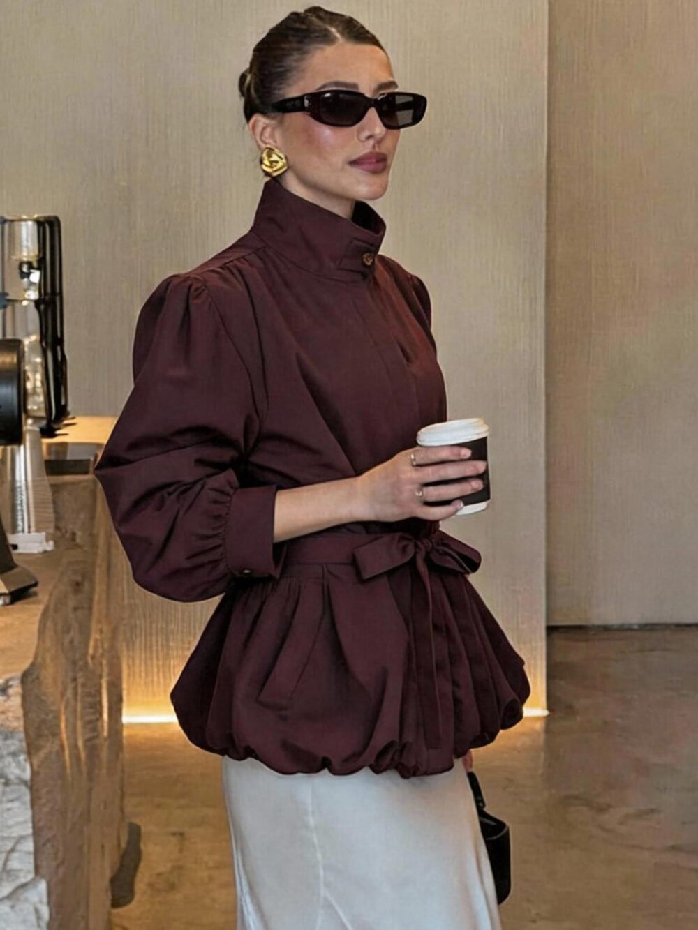 Casual Women's Elegant Button Pocket Long Sleeve High Neck belted Jacket